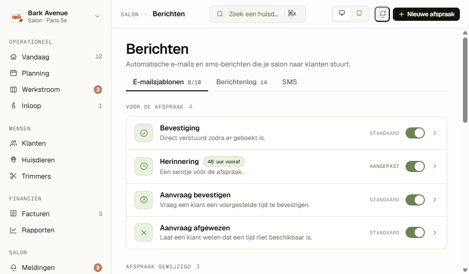 Automatische klantberichten in PetQ: sjablonen voor bevestiging, herinnering en ophaalbericht