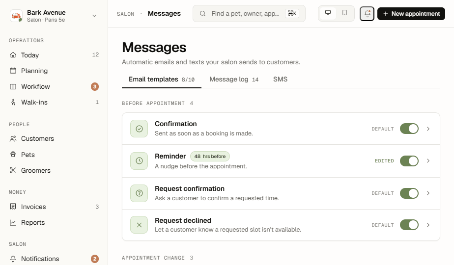 Automatic customer messages in PetQ: templates for confirmation, reminder and pickup note