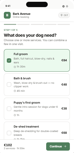 A grooming salon's online booking page in PetQ: customer picks services on a phone