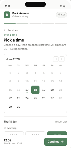 Customer picks a date and time in PetQ's online booking flow