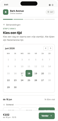 Klant kiest een datum en tijd in de online boekingsflow van PetQ